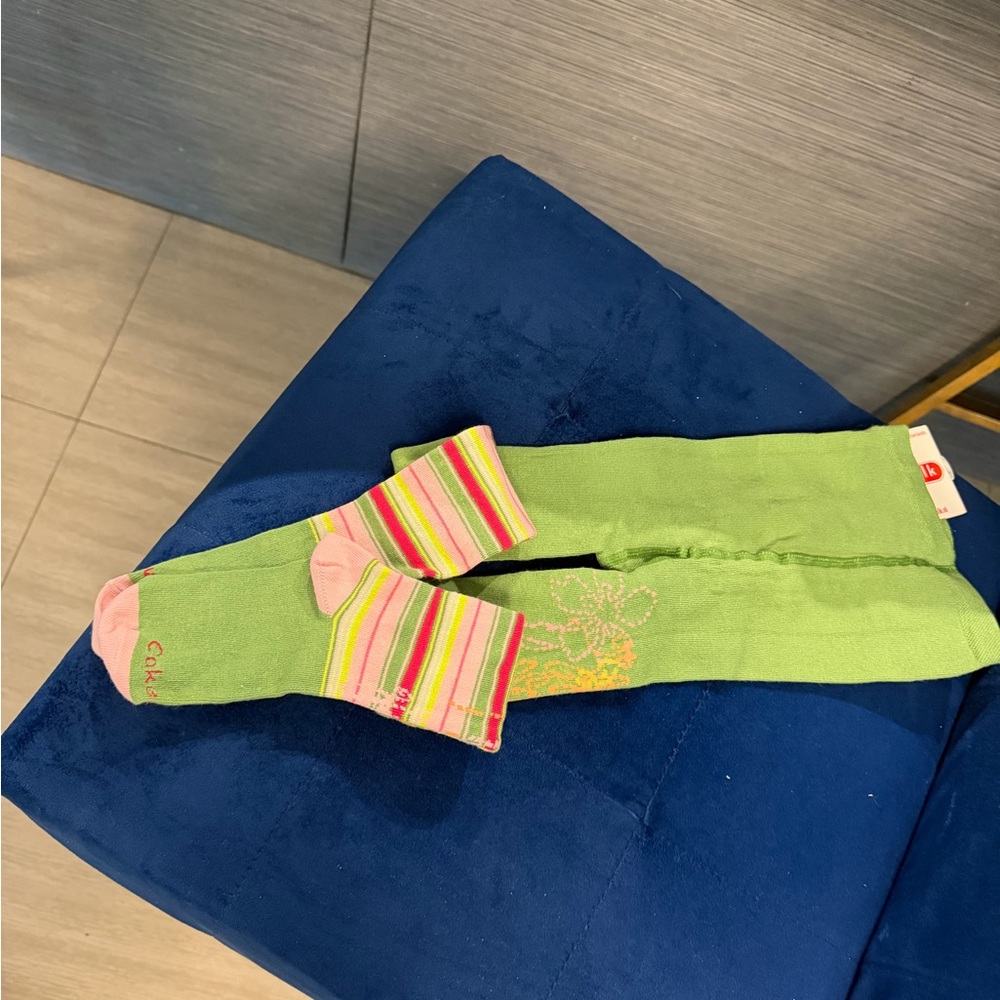 Green Kids Tights with Pink Stripe Accents